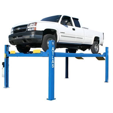 412A 12,000 lb 4-Post Alignment Lift by Atlas Side View with White Car Lifting High