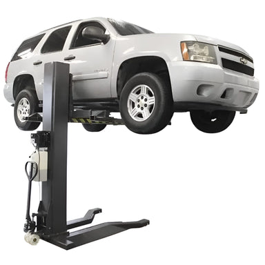 PSP-6000 6,000 lbs Portable Single Post Lift Side View with White Car