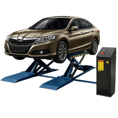 MRL09, 9000lb Mid-rise Scissor  Lift - Side View with Car and the Control Panel