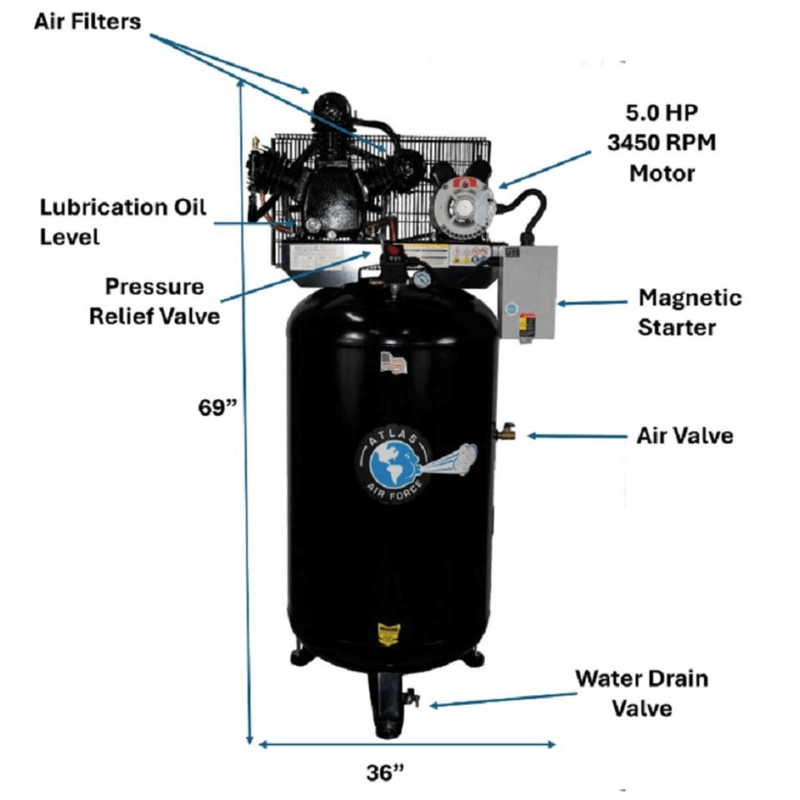 Atlas AF7 5HP 80 Gallon Air Compressor Dimension View