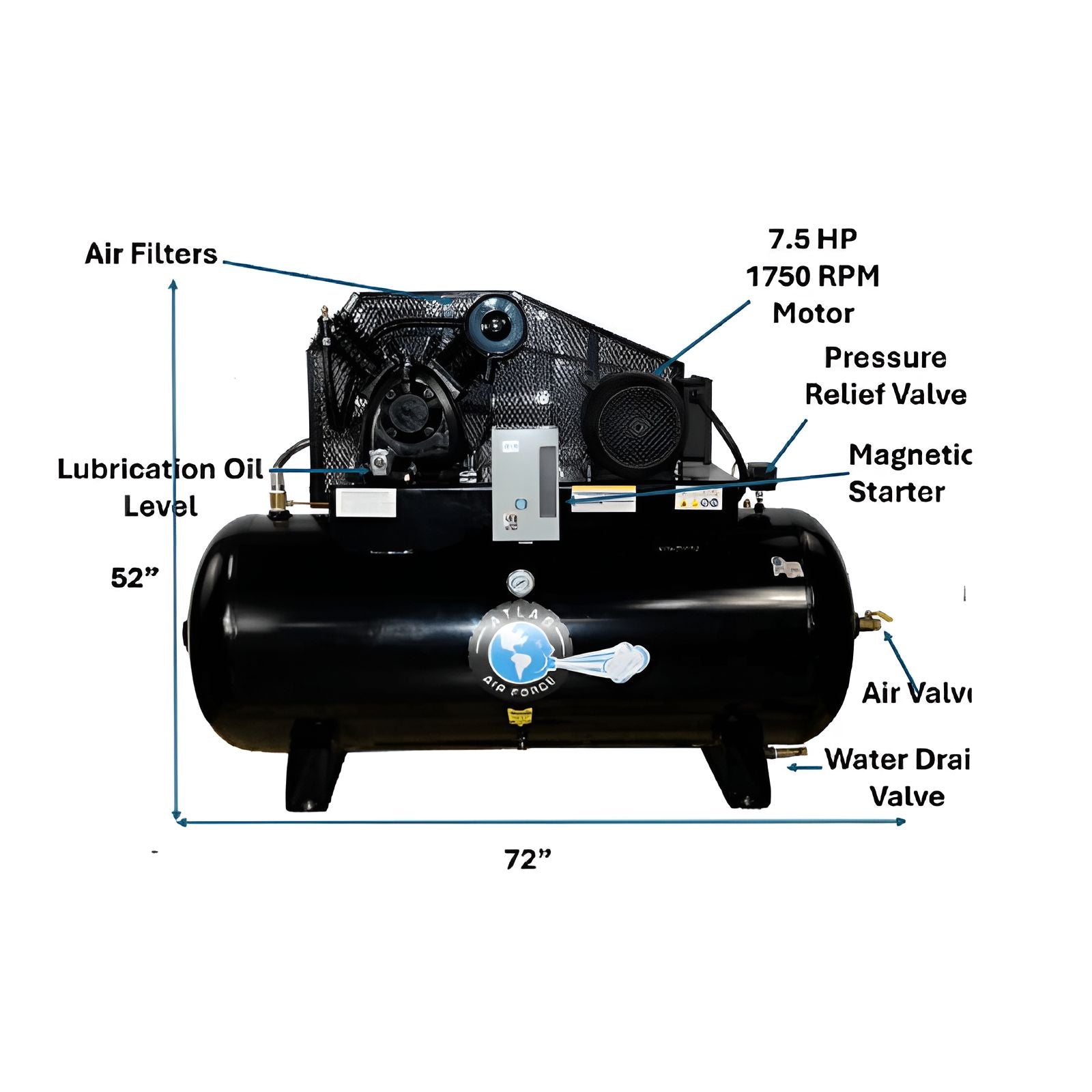 AF9 7.5HP 120 Gallon Air Compressor Side View