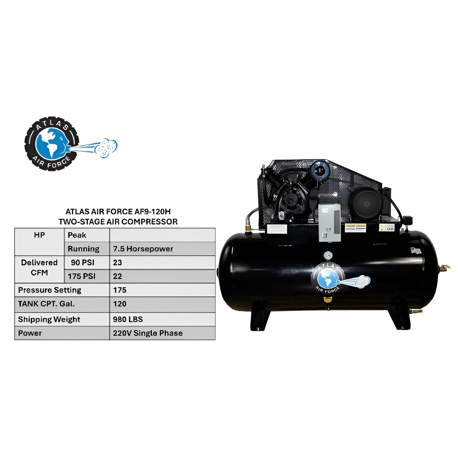 AF9 7.5HP 120 Gallon Air Compressor with Spec View