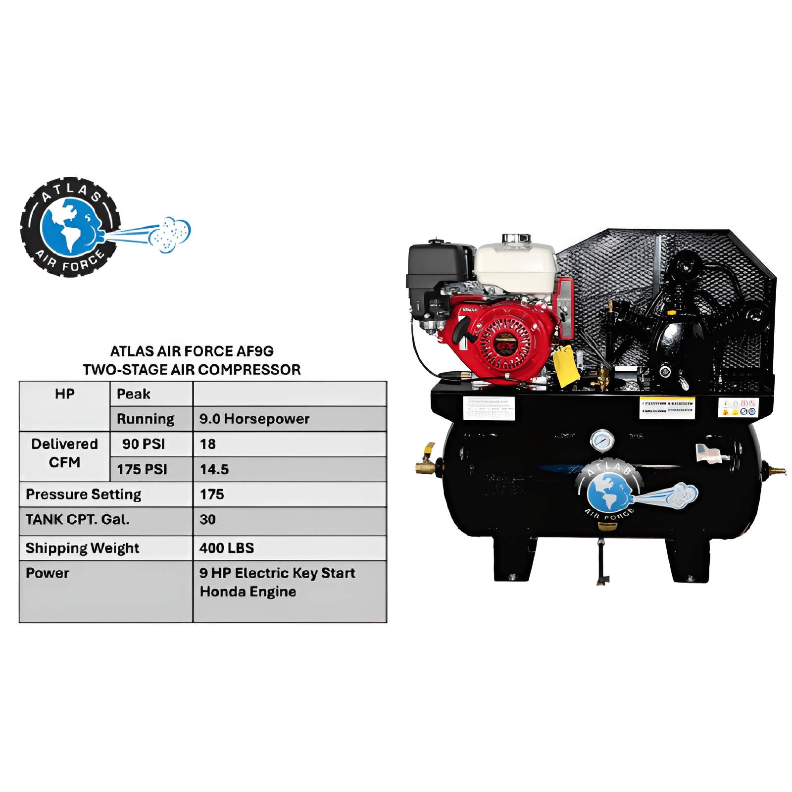 Atlas AF9G Gas 9HP 30 Gallon Air Compressor With Specification