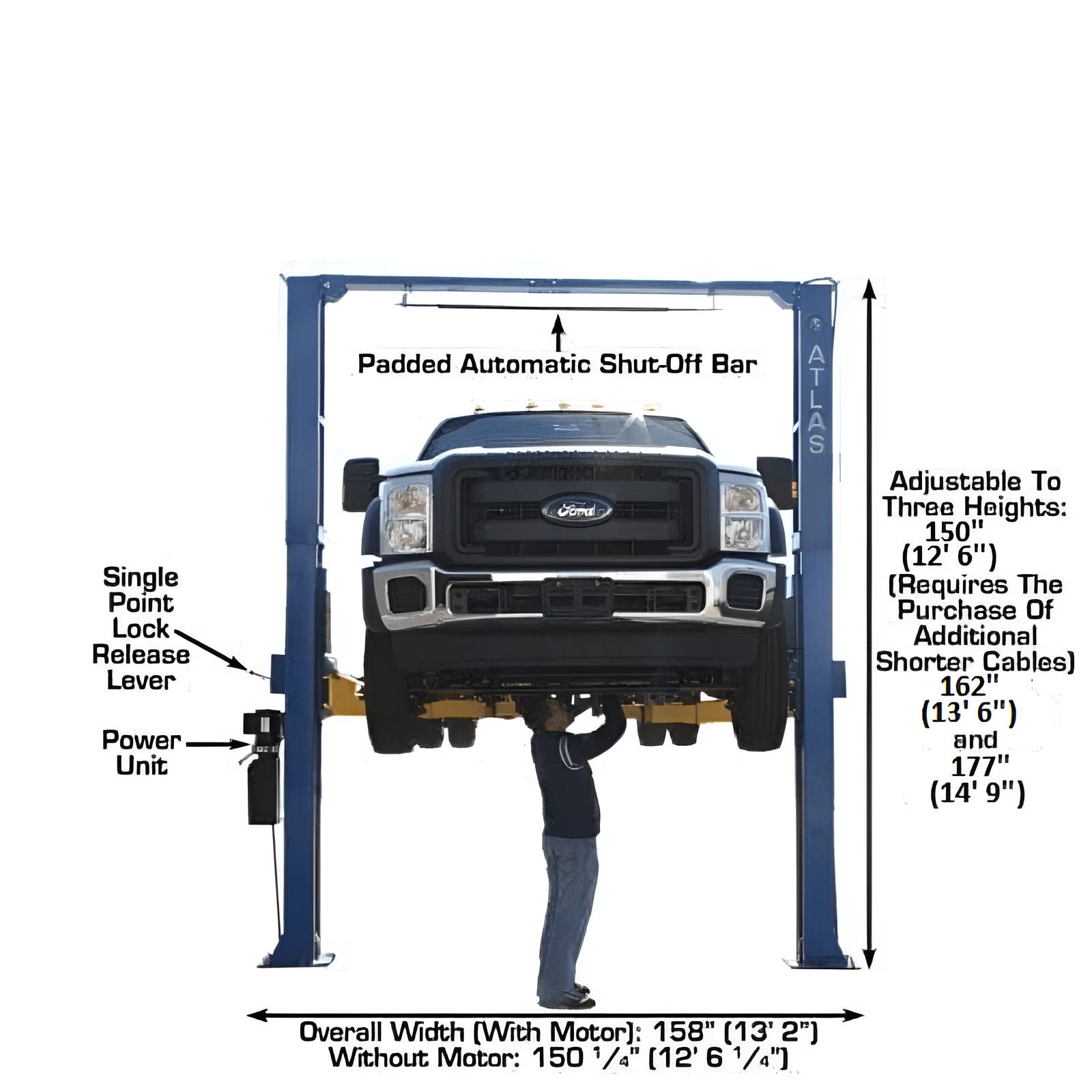 15,000lb Overhead 2 Post Lift  Atlas PV15PX Front View