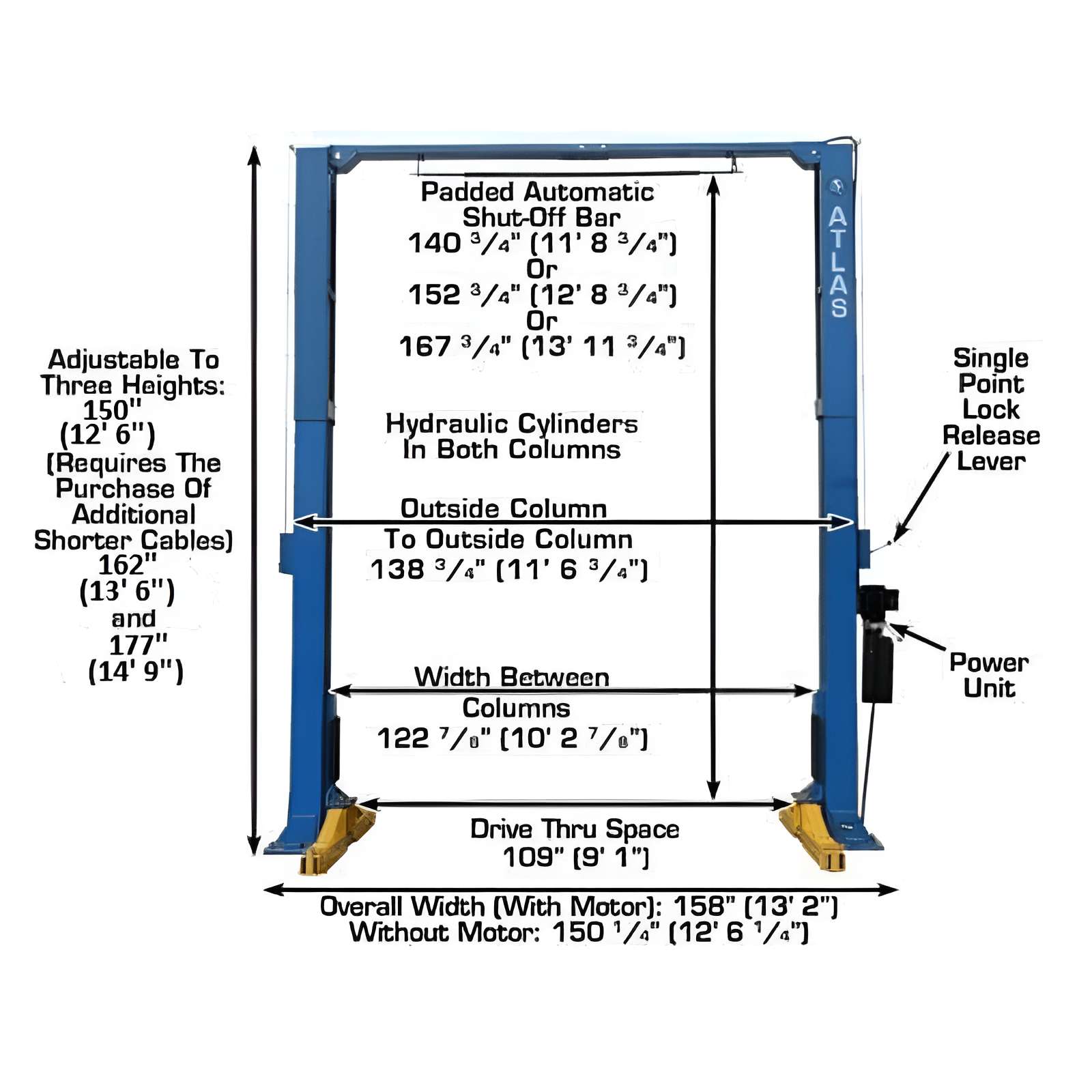 PV15PX 15,000lb Overhead 2 Post Lift by  Atlas Front View