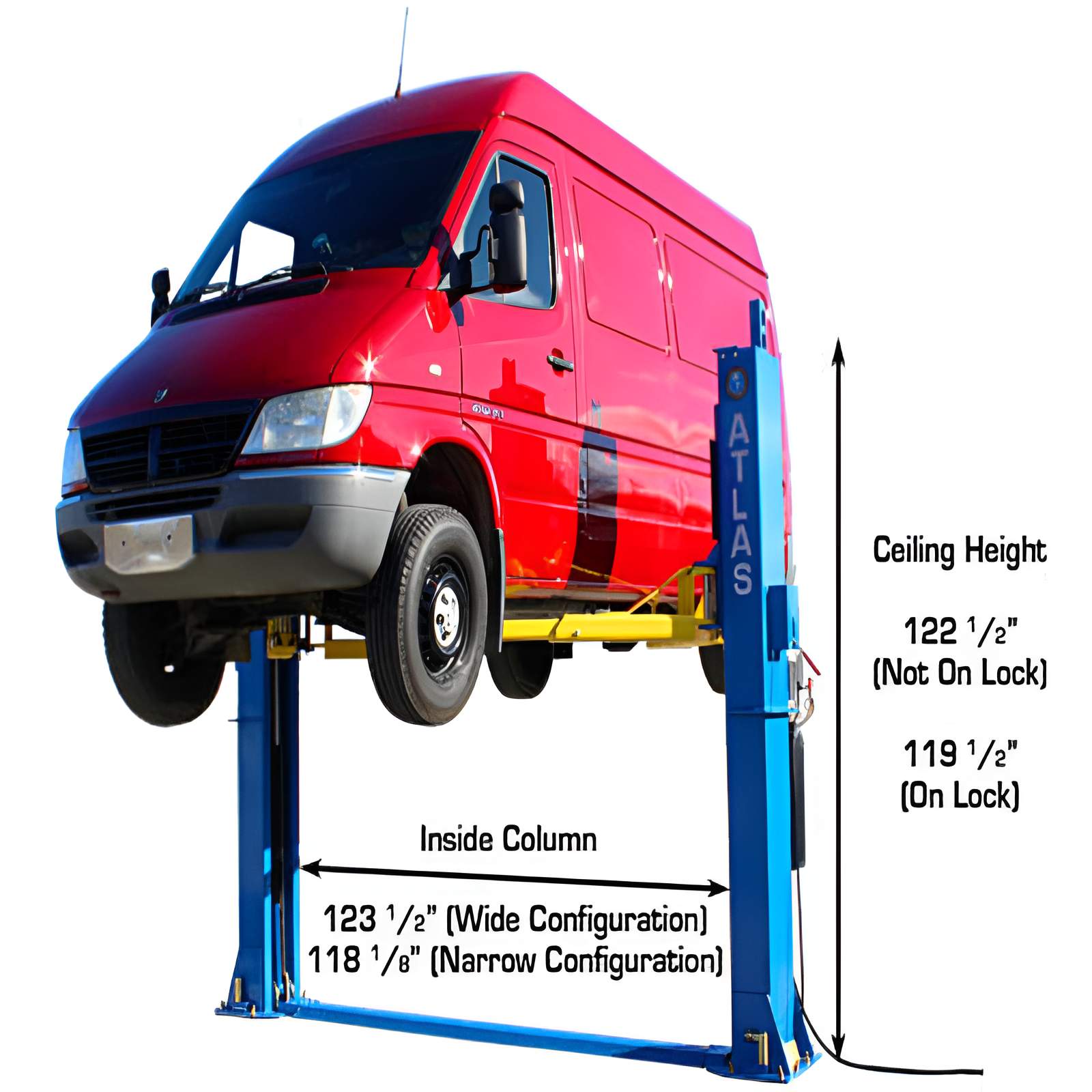 Atlas BP12000X, 12,000 lb 2 Post Lift - Commercial Grade Side View with Red Van