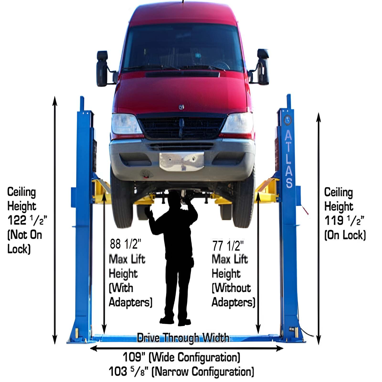 BP12000X, 12,000 lb 2 Post Lift - Commercial Grade Front View with Van