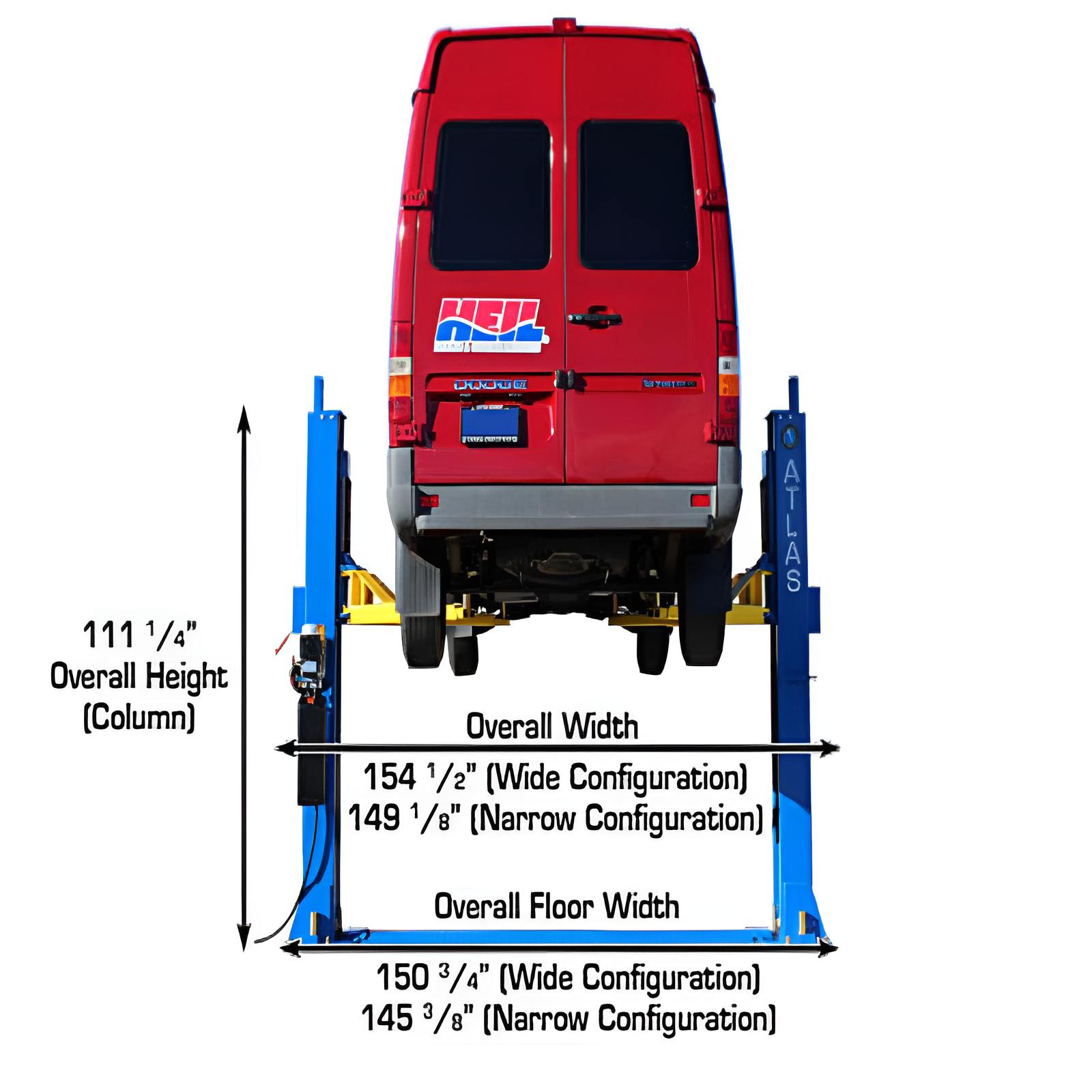 Atlas BP12000X, 12,000 lb 2 Post Lift - Commercial Grade Back View with Red Van
