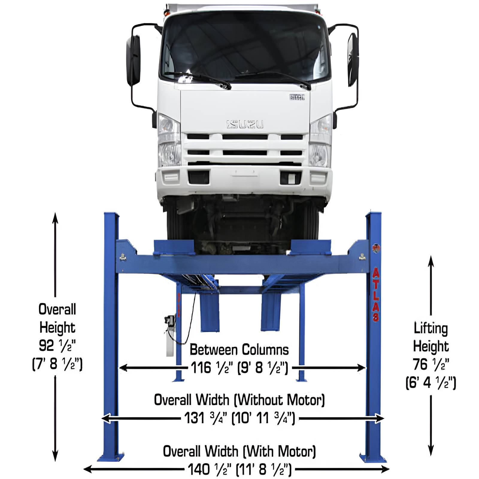 Atlas PVL14, 14,000 lb 4 Post Lift - ALI Certified Front View with Truck Lifting High