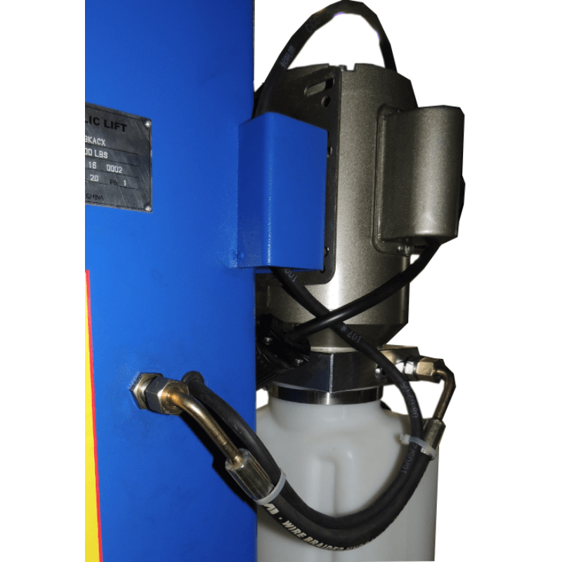 TP9KACX, 9,000 lb 2 Post Car Lift Clear Floor - Asymmetric Oil Tank Back View