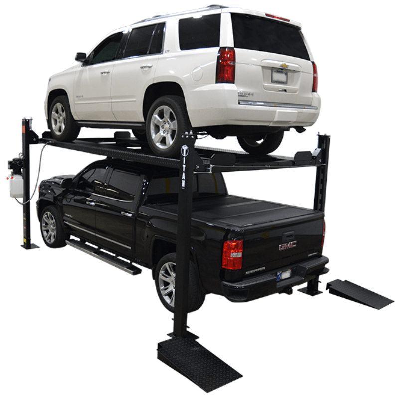 4-Post Lift Titan SDPL-8000XLT Back view with cars