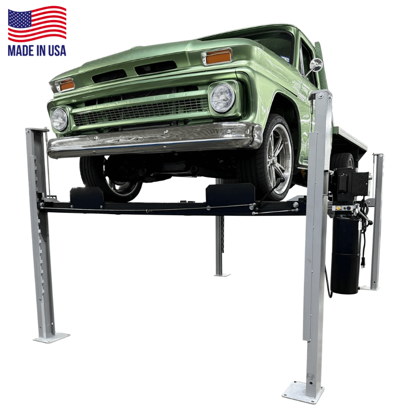 USA8000 8,000lb 4 Post Lift - Made in USA Front View with Car Lifting High