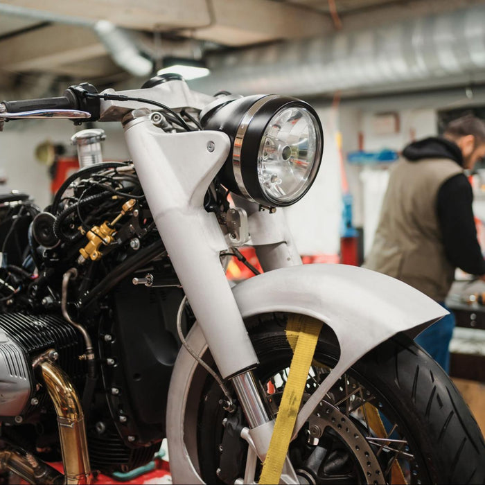 White motorcycle in home garage