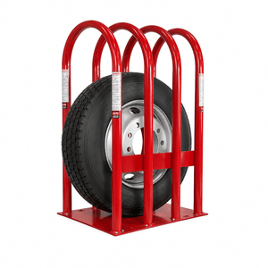 Tire cage in red with tire inside