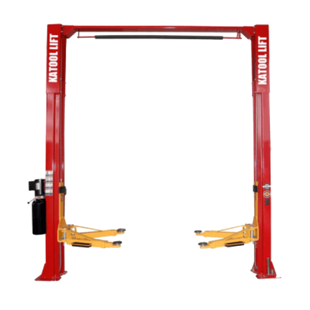 Red two-post car lift with 'Katool Lift' branding 