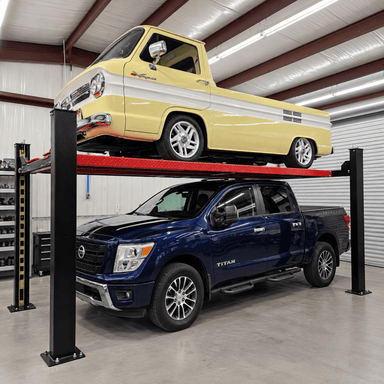 Katool 9500lb 4 post lift customer install with Heavylift direct with antique truck on top

