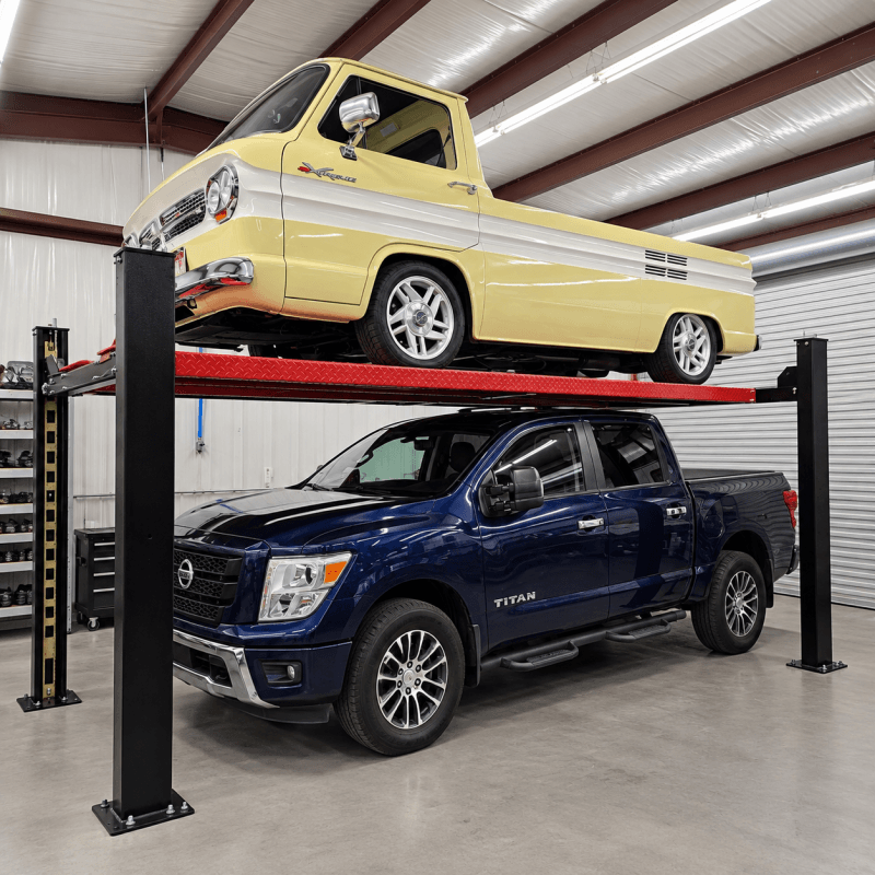Katool 9500lb 4 post lift customer install with Heavylift direct with antique truck on top
