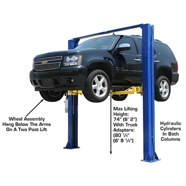 9KOH 9,000 lb 2 Post Lift Side View with car lifting high