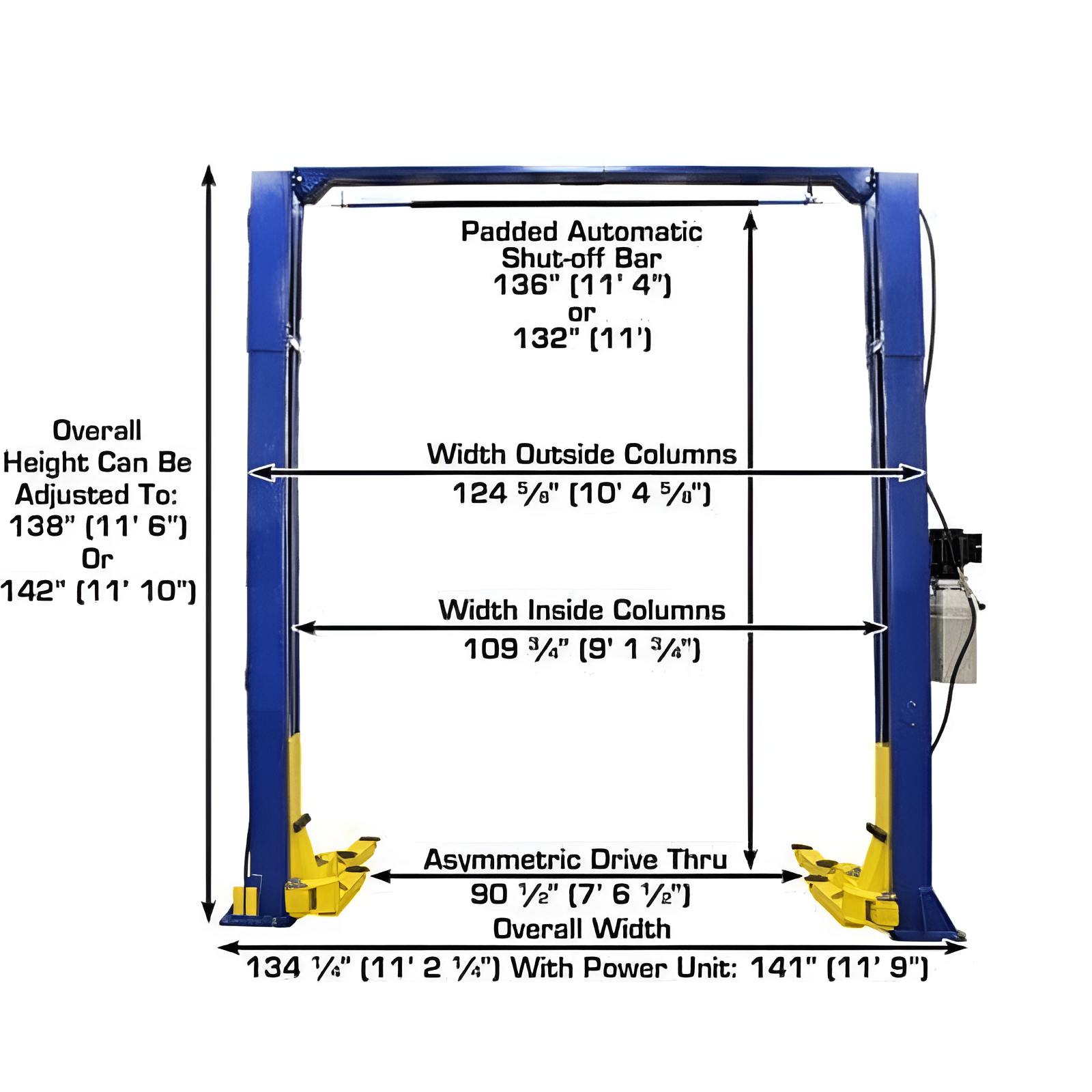 9KOH 9,000 lb 2 Post Lift Front View with Dimension