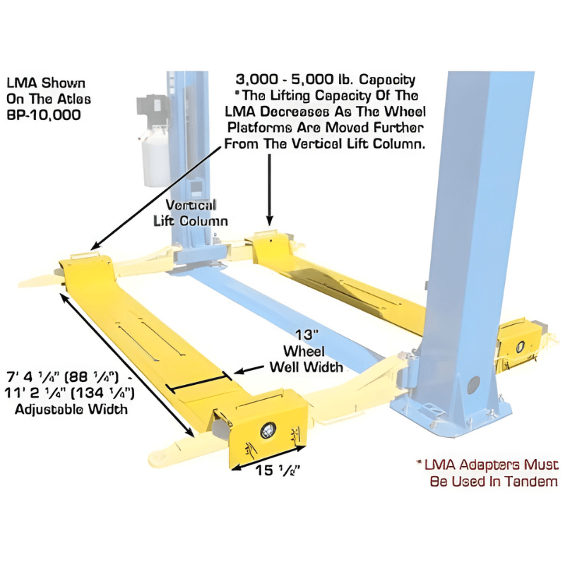 Atlas 9OHSC 2-Post Lift + Lawn Mower Adapter Combo With Dimensions View