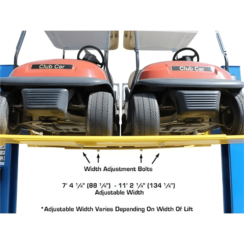 9OHSC 2-Post Lift + Lawn Mower Adapter Combo  with Mobile Car and Dimensions