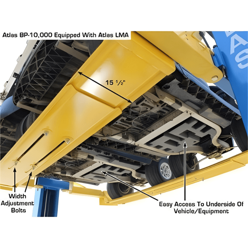 9OHSC 2-Post Lift + Lawn Mower Adapter Combo Showing under the Car View