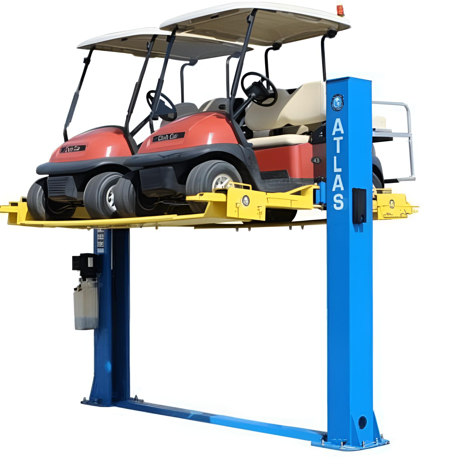 9OHSC 2-Post Lift + Lawn Mower Adapter Combo with golf cart view