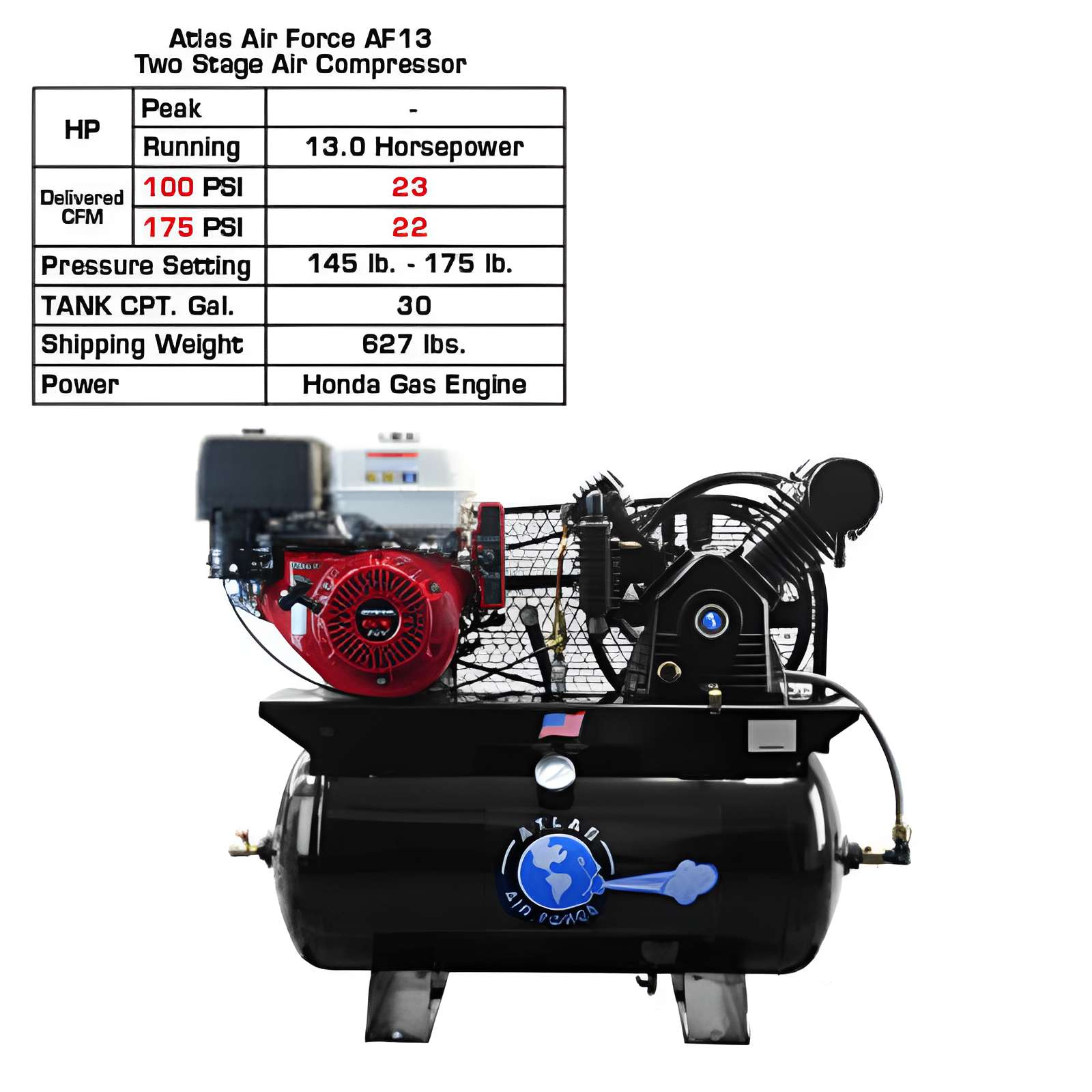 AF13 Gas-Powered Air Compressor with Specs View