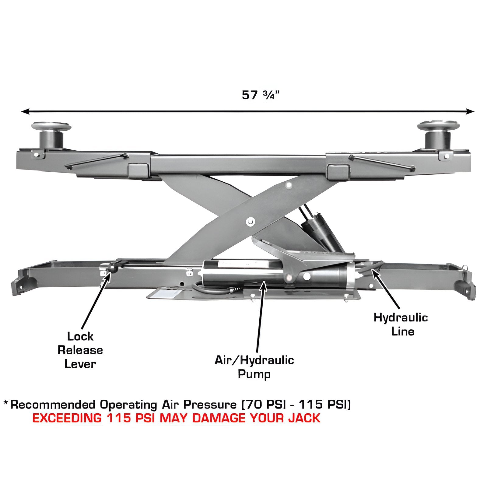 Platinum RJ7000 7,000lb Rolling Jack - ALI Certified by Atlas Side View with Dimension