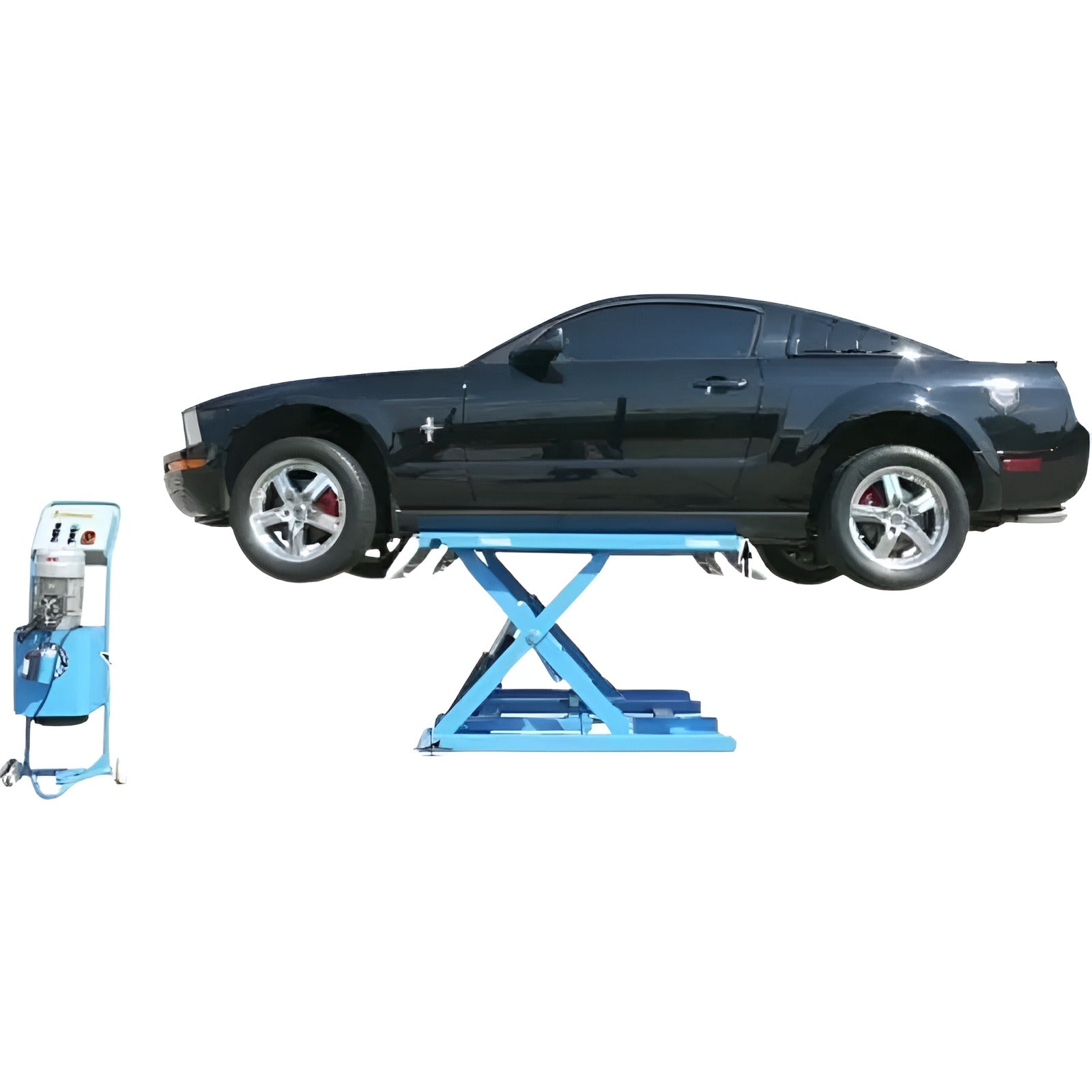  7K-KWIK-BAY 7,000 lbs Mid Rise Scissor Lift - Portable Full Side View with Car and Panel