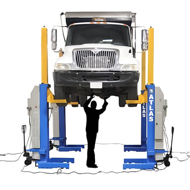 Atlas ML-4034BC 18,500lb Full Front View Lifting high with Car at the top and Person Below