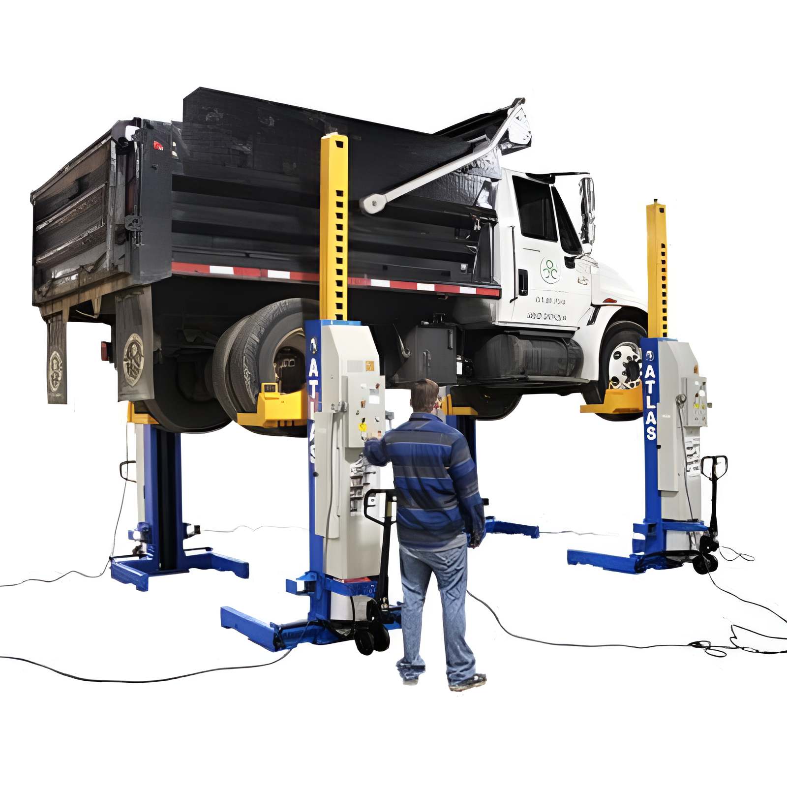 Atlas ML-4034BC 18,500lb Mobile Column Lift (4 pack) Side View with Person Operating