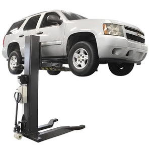 PSP-6000 6,000 lbs Portable Single Post Lift Side View with White Car
