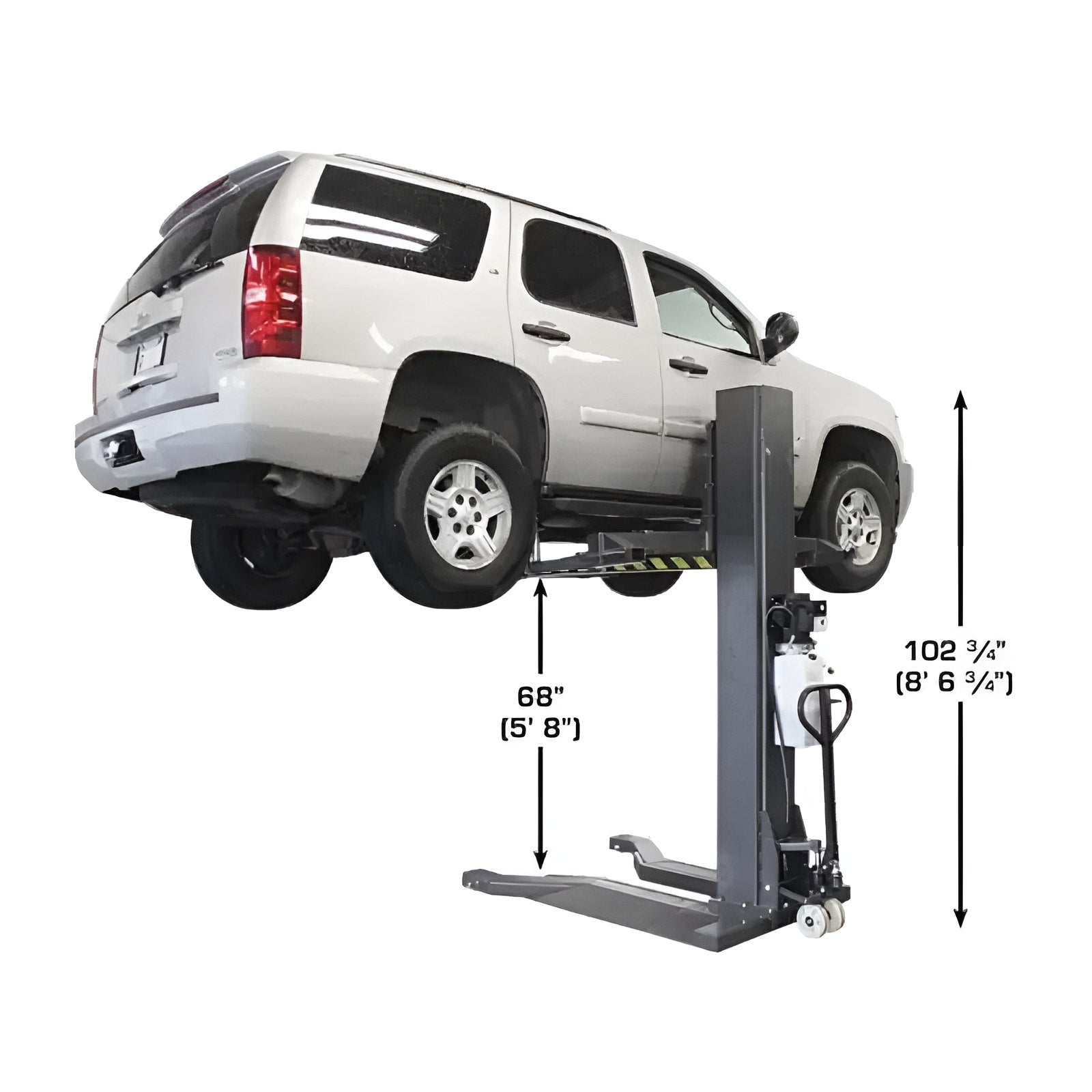 PSP-6000 6,000 lbs Portable Single Post Lift Side View with dimension