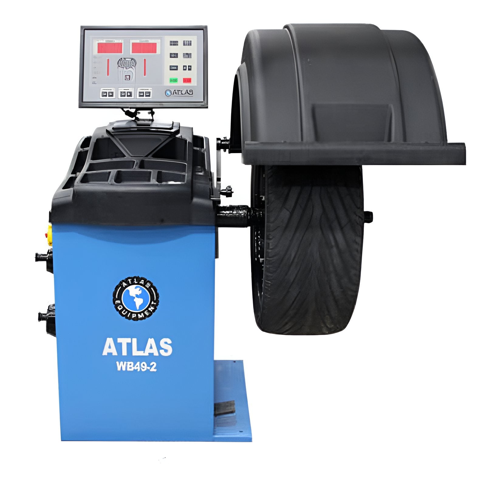 Atlas WB49-2 Premium 2D Computer Wheel Balancer Front View with Wheel