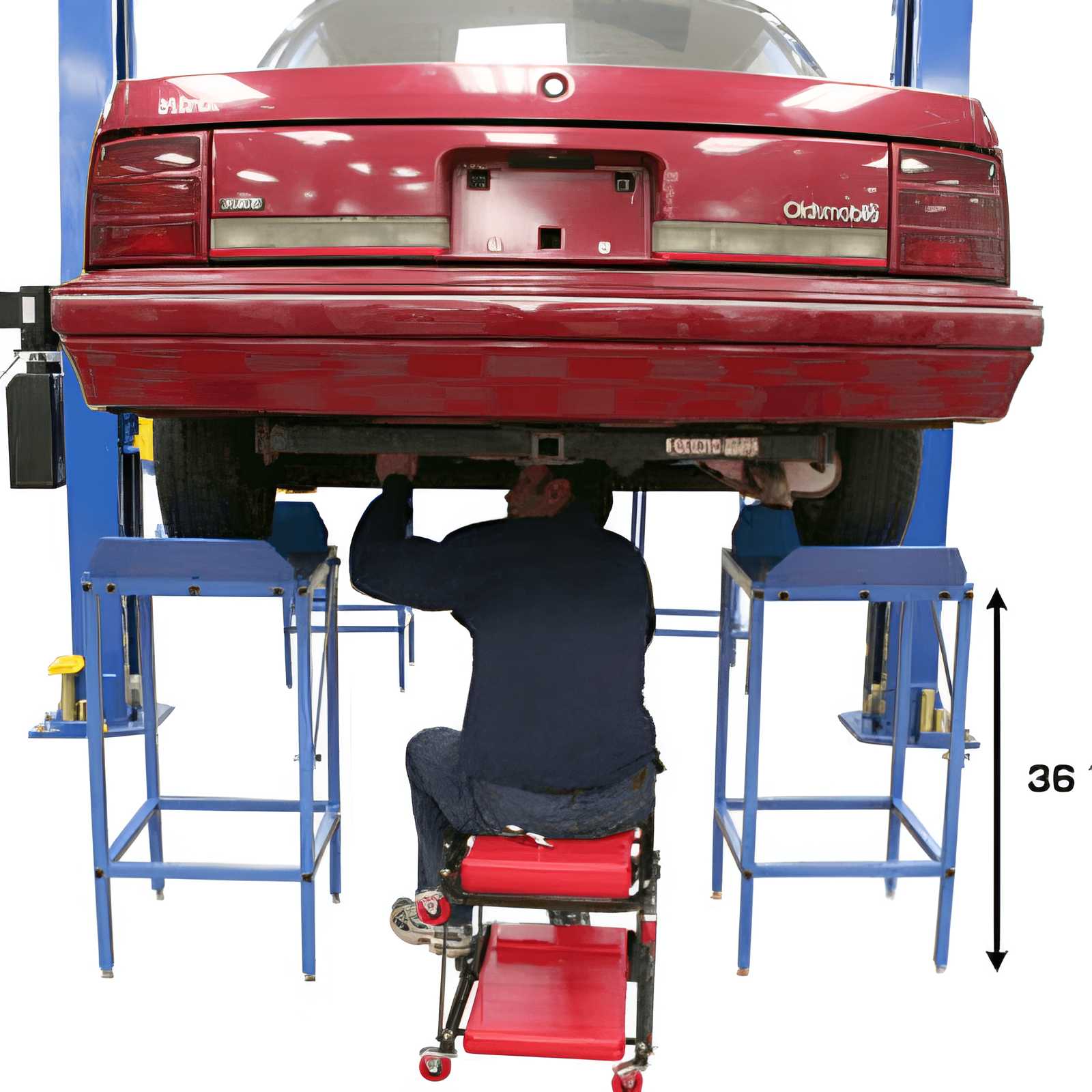 Atlas ATEATTD-SLJ-A000 Alignment Wheel Stand Package Back View with Car and Person Below at the Car with Stand