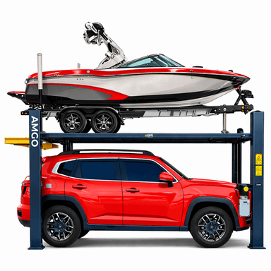 Amgo 408-HPX Four Post Boat Storage Lift - Adjustable Width Side View with Car Below and Boat at the top