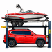 Amgo 408-HPX Four Post Boat Storage Lift - Adjustable Width Side View with Car Below and Boat at the top