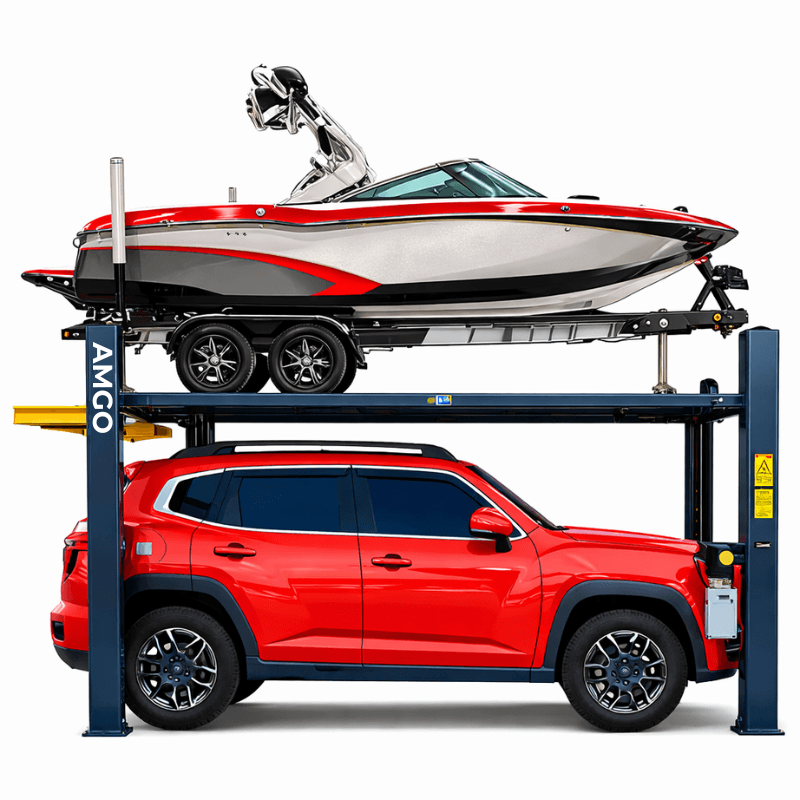 Amgo 408-HPX Four Post Boat Storage Lift - Adjustable Width Side View with Car Below and Boat at the top