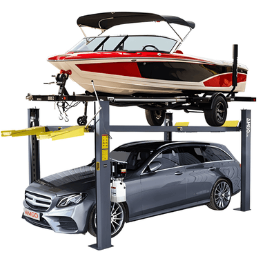 Amgo 409-HPX 9,000lb 4 Post Lift Boat Lift - Extra Wide & Extra Tall Side View With Boat Lifting and Car Below