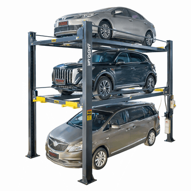 Amgo 4097X 9,000lb Capacity Triple Parking lift 4 Post Lift Semi Side View with 3 Cars Stacks
