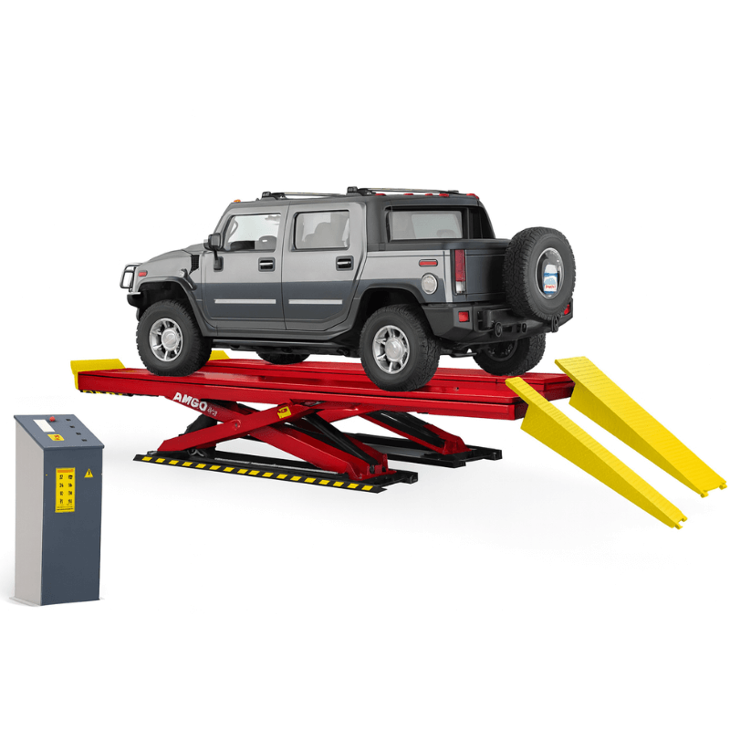Amgo AX-16A 16,000lb Alignment Scissor Lift - Side View with Car Lifting High