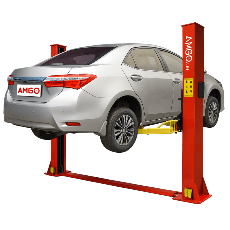 Amgo BP-9, 9000 lb 2 Post Car Lift - Low Ceiling Side View with Car