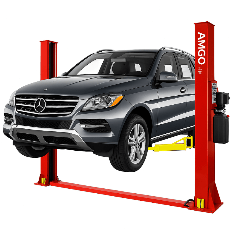 Amgo BP-9, 9000 lb 2 Post Car Lift - Low Ceiling Side View with Car Lifting Front