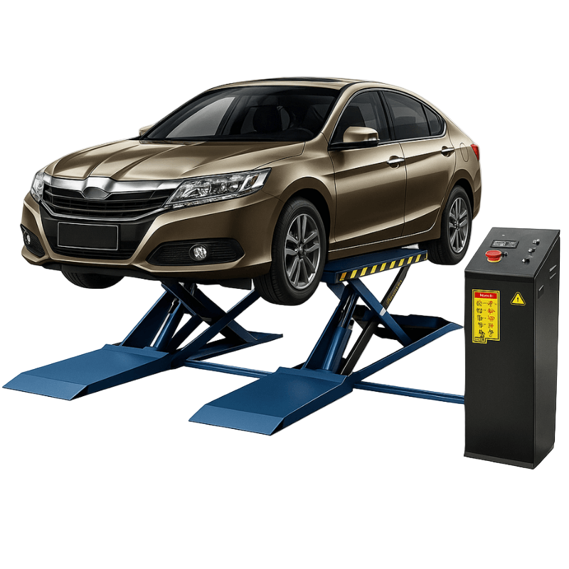 MRL09, 9000lb Mid-rise Scissor  Lift - Side View with Car and the Control Panel