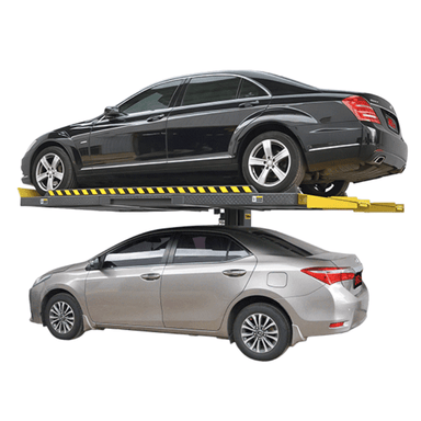 Amgo SPL-7 7,000lbs Capacity Single Post Parking Lift Side View with one car at the top and one car under