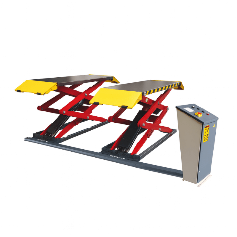 XL-7, 7000lb High Rise Scissor Lift Semi Site View Red And Yellow Color with Control Panel