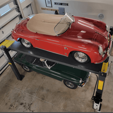 Amgo 407-P 7,000 lb Vehicle Storage Lift Upper View - Customer install with classic cars