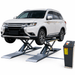 MRL09, 9000lb Mid-rise Scissor  Lift by Amgo Semi Front View with Car Lifting and Panel on the Side