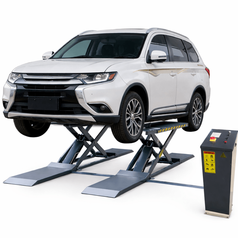 MRL09, 9000lb Mid-rise Scissor  Lift by Amgo Semi Front View with Car Lifting and Panel on the Side